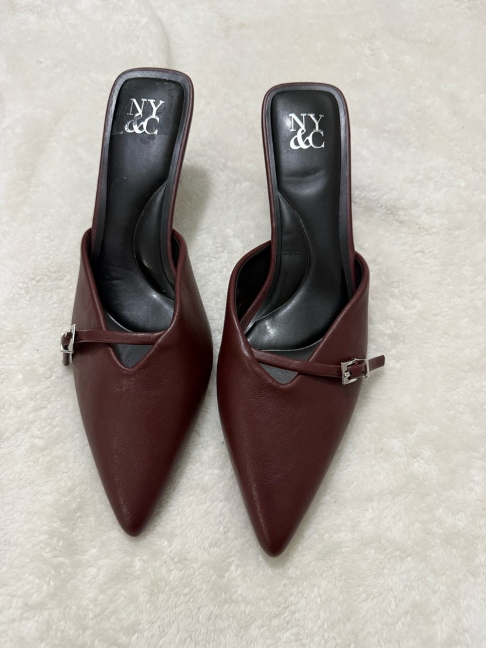 New York & Company Burgundy Pointed-Toe Buckle Mules